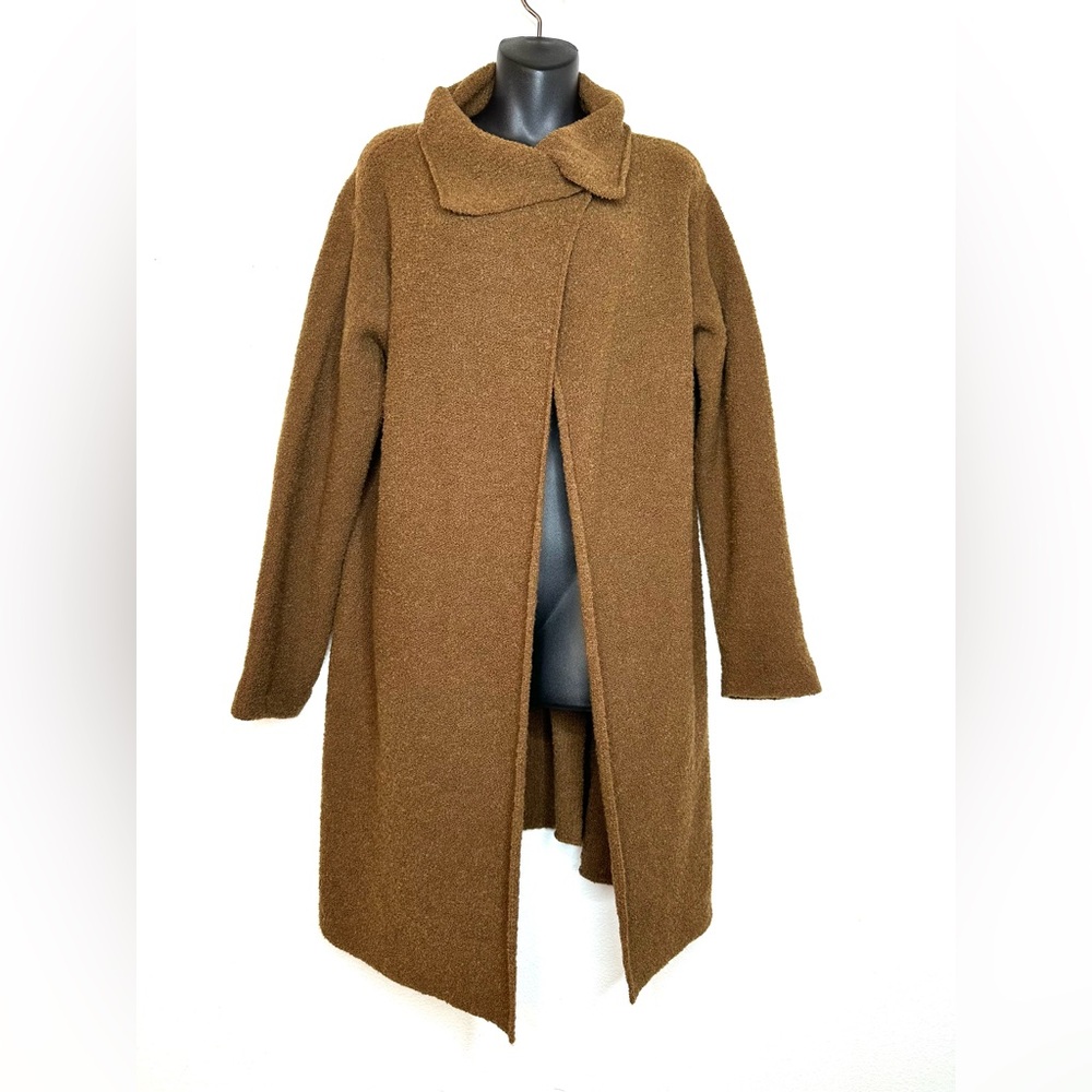 Eileen Fisher Women's Cardigan Duster S Brown Wool Blend Cowl Neck Wrap Snap